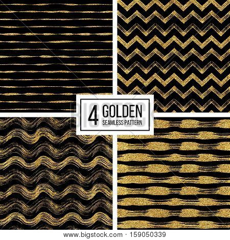 Set of seamless pattern of gold glitter stripes, zigzag chevron, wavy stripe, seamless texture golden lines, wave, zig zag stripe, hand drawn vector pattern for paper, card, invitation, wedding, web