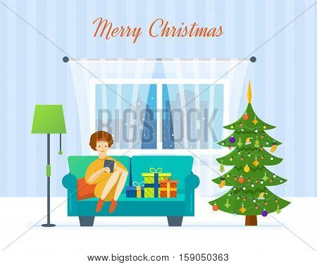 New Year festive atmosphere. Interior of the room, girl working in the tablet and resting in a room near the Christmas tree, it is in a good mood and in anticipation of holiday. Vector illustration.