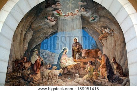 BETHLEHEM ISRAEL 26 10 16: Fresco in Shepherd Field Chapel. Has relevance for Catholics because there the first announcement of the birth of Christ is celebrated.