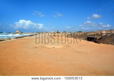 CAESAREA ISRAEL 01 11 16: Herod the Great built a hippodrome along the coast at Caesarea Maritima. In 2 century A.D. the hippodrome was reconstructed as an amphitheater used for gladiator contests