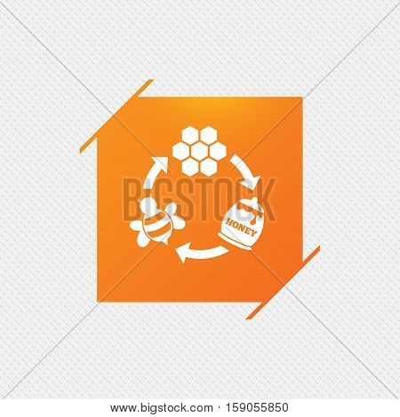 Producing honey and beeswax sign icon. Honeycomb cells symbol. Honey in pot. Sweet natural food cycle in nature. Orange square label on pattern. Vector