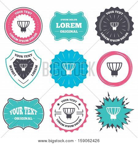 Label and badge templates. Light bulb icon. Lamp GU5.3 socket symbol. Led or halogen light sign. Retro style banners, emblems. Vector