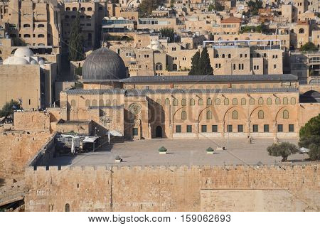 JERUSALEM ISRAEL 26 10 16: Panoramic view of Al-Aqsa Mosque, also known as Al-Aqsa and Bayt al-Muqaddas, is the third holiest site in Sunni Islam and is located in the Old City of Jerusalem.