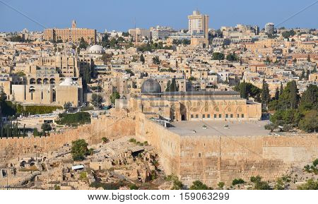 JERUSALEM ISRAEL 26 10 16: Panoramic view of Al-Aqsa Mosque, also known as Al-Aqsa and Bayt al-Muqaddas, is the third holiest site in Sunni Islam and is located in the Old City of Jerusalem.