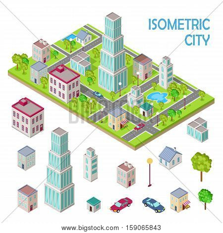 Elements of urban landscape. Isometric projection vectors. House, skyscraper, store, shop, school, tree, car, lantern illustrations Variety storey buildings For gaming environment app infographic