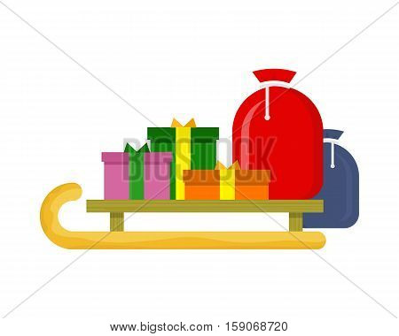 Christmas presents on the sledge on the white background. Toboggan with gift boxes. New Year and Xmas concept. Sleigh carrying cadeaus. Vector
