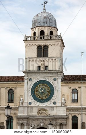 Clock tower building of medieval origins overlooking Piazza dei Signori in Padova Italy