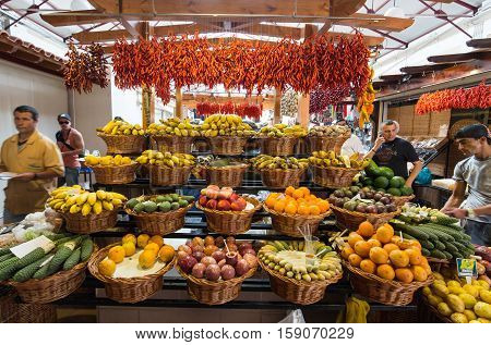 FUNCHAL, MADEIRA, SPAIN - SEPTEMBER 2, 2016: Fresh exotic fruits in Mercado Dos Lavradores. Funchal Madeira Portugal