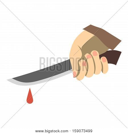 Hand holding knife with blood icon. Flat illustration of hand holding knife with blood vector icon for web design