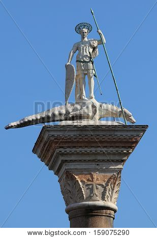 Statue Of Sainttheodore Slaying The Dragon Over The Column In Th