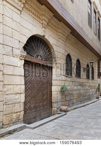 Cairo, Egypt - November 19, 2016: View from Darb Asfour Lane showing part of the facade of Bayt Al-Suhaymi an old Ottoman era house in Medieval Cairo Egypt