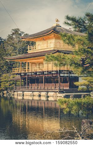 Golden Pavilion at Kinkakuji Temple Kyoto Japan vintage
