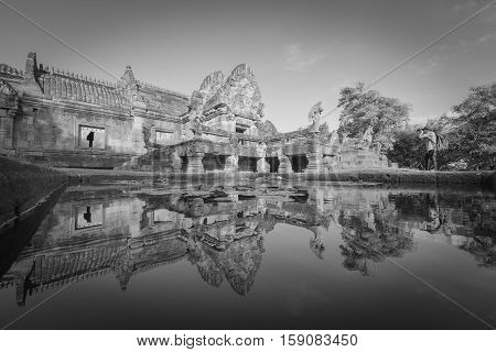 sand stone castle phanomrung in Buriram province Thailand. Religious buildings constructed by the ancient Khmer art Phanom rung national park in North East of Thailand black and white