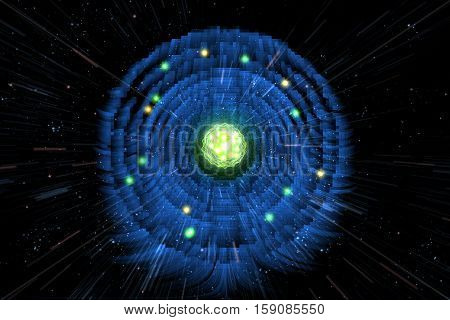 Close up of colorful neon atomic particle background 3D illustration