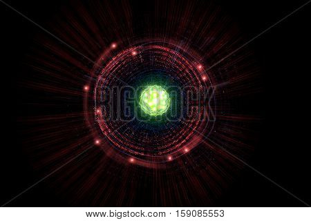 Close up of colorful neon atomic particle background 3D illustration