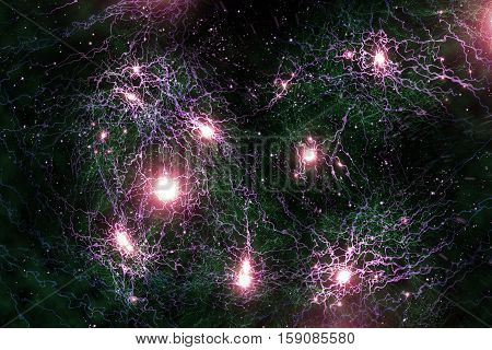 Close up atomic particle clusters background science 3D illustration