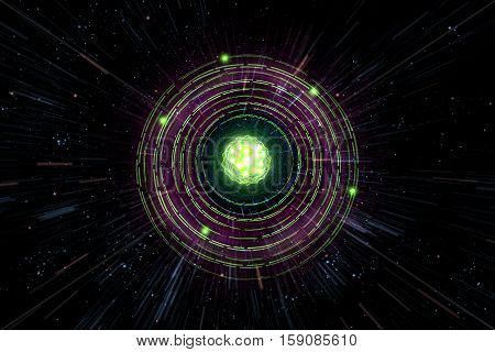 Close up of colorful neon atomic particle background 3D illustration