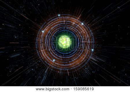 Close up of colorful neon atomic particle background 3D illustration