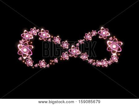 Atom particles make up shape of infinity symbol 3D illustration