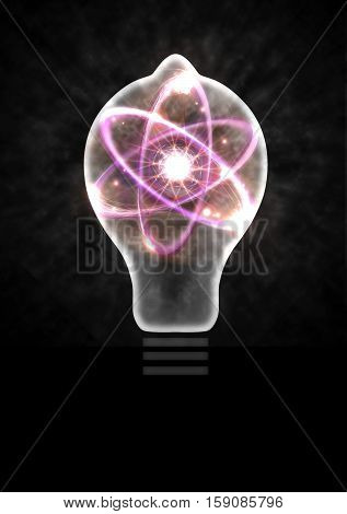 Atomic particle as lightbulb filament and nuclear energy 3D illustration