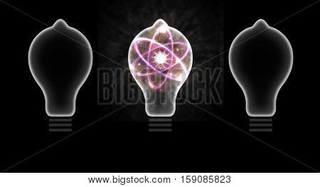 Atomic particle as lightbulb filament and nuclear energy 3D illustration