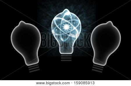 Atomic particle as lightbulb filament and nuclear energy 3D illustration