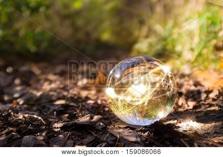 Magic crystal ball atom on forest floor for autumn fantasy imagery
