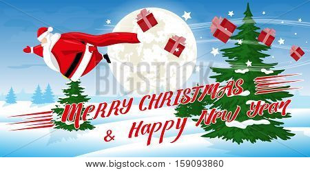 Merry Christmas and Happy New Year landscape. Funny fat Santa Claus with gift boxes flying on moon background as superhero. Cartoon style. Concept design banner poster flyer greeting card. Vector