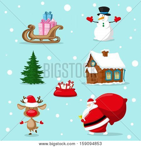 Set of Merry Christmas symbols. Santa Claus snowman deer christmas tree red bag gifts box house sleigh. Design elements for decoration banner poster flyer greeting card. Cartoon style vector