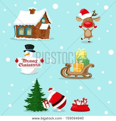 Set of Merry Christmas symbols. Santa Claus snowman deer christmas tree red bag gifts box house sleigh. Design elements for decoration banner poster flyer greeting card. Cartoon style vector