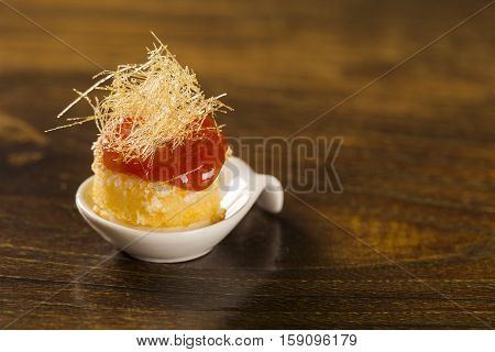 Canasta Cheese Mousse With Guava Jelly And Creamy Cornmeal Cake In A Spoon. Taste Gastronomy Finger