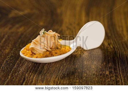Crispy Shrimp With Piranha Pirão And Palm Tree Farofa In A Spoon. Taste Gastronomy Finger Food