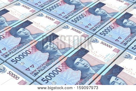 Indonesian rupiah bills stacks background. 3D illustration.