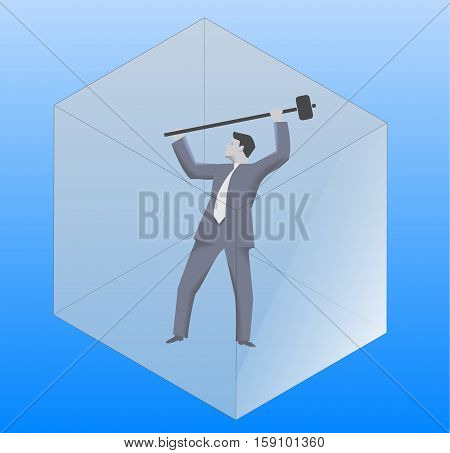 Breaking the glass cube business concept. Confident businessman in business suit with sledgehammer is going to break the glass cube around him. Searching for opportunities looking for solution.