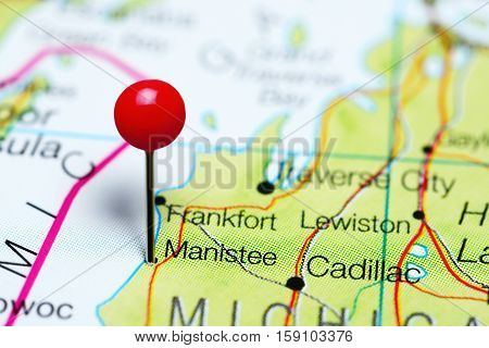 Manistee pinned on a map of Michigan, USA
