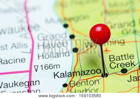 Kalamazoo pinned on a map of Michigan, USA