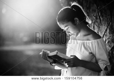Asian girl reading book at park in summer sunset light. asian woman reading book in Thailand. asian Beautiful woman reading a book at big tree.