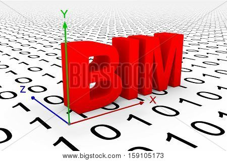 BIM axis red binary code 3d illustration