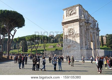 Rome Italy 15 November 2015 :Arch of Constantine, Rome, Italy. Built to commemorate the emperor's victory over his rival Maxentius in AD 312.