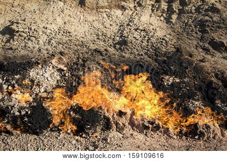 Burning mountain in Yanar Dag. Azerbaijan. Fire