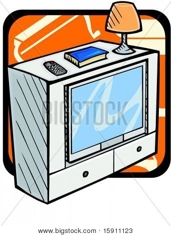 ขาตั้ง TV กับหนังสือ โคมไฟ และรีโมทคอนโทรลสี Pantoneภาพเวกเตอร์