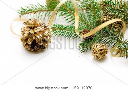 Merry Christmas background. New year. Tree, gold, cones, ornaments