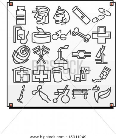 Un conjunto de 25 iconos de vector de objetos del hospital, donde cada icono se dibuja con una sola línea serpenteante