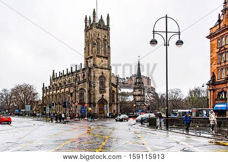 Edinburgh, Scotland, UK-circa march 2016:View of the city, several monuments and the Castle, Edinburgh, Scotland