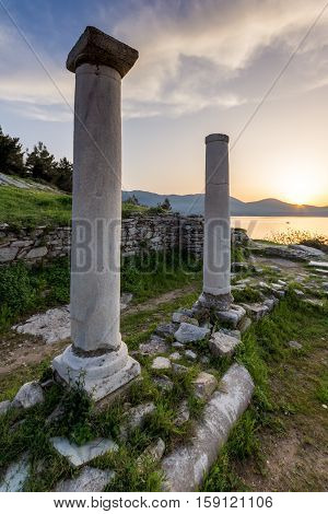Amazing sunset with columns on Evraiokastro Archaeological Site, Thassos town, East Macedonia and Thrace, Greece