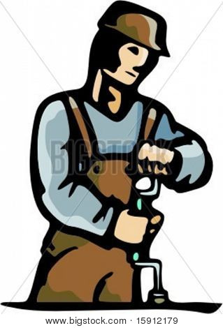 Un'illustrazione vettoriale di ready-to-cut di un lavoratore, facendo un foro con un trapano a mano.