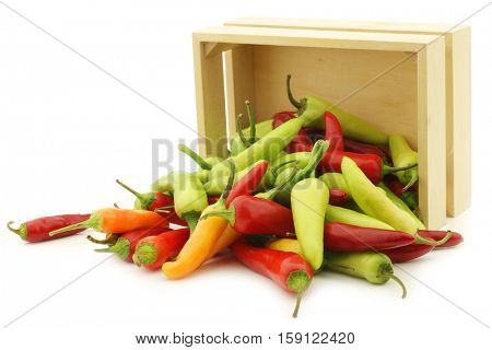 red and green rawit peppers (Capsicum annuum 'Bird's Eye') in a wooden box on a white background