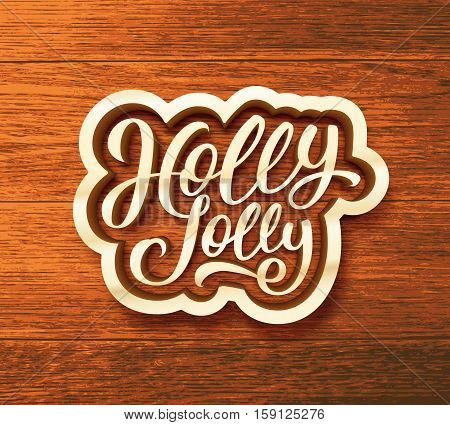Holly Jolly Christmas greeting card design with 3D typographic text label on wood background. Vector festive illustration for Xmas