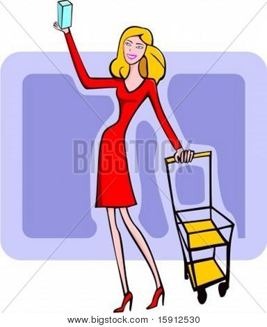 Una ilustración del vector de una chica rubia comercial empujando una carretilla y sosteniendo una pequeña caja.