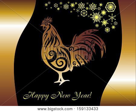 Year of the rooster. Postcard for the new year. Rooster on a black background. Silkscreen.